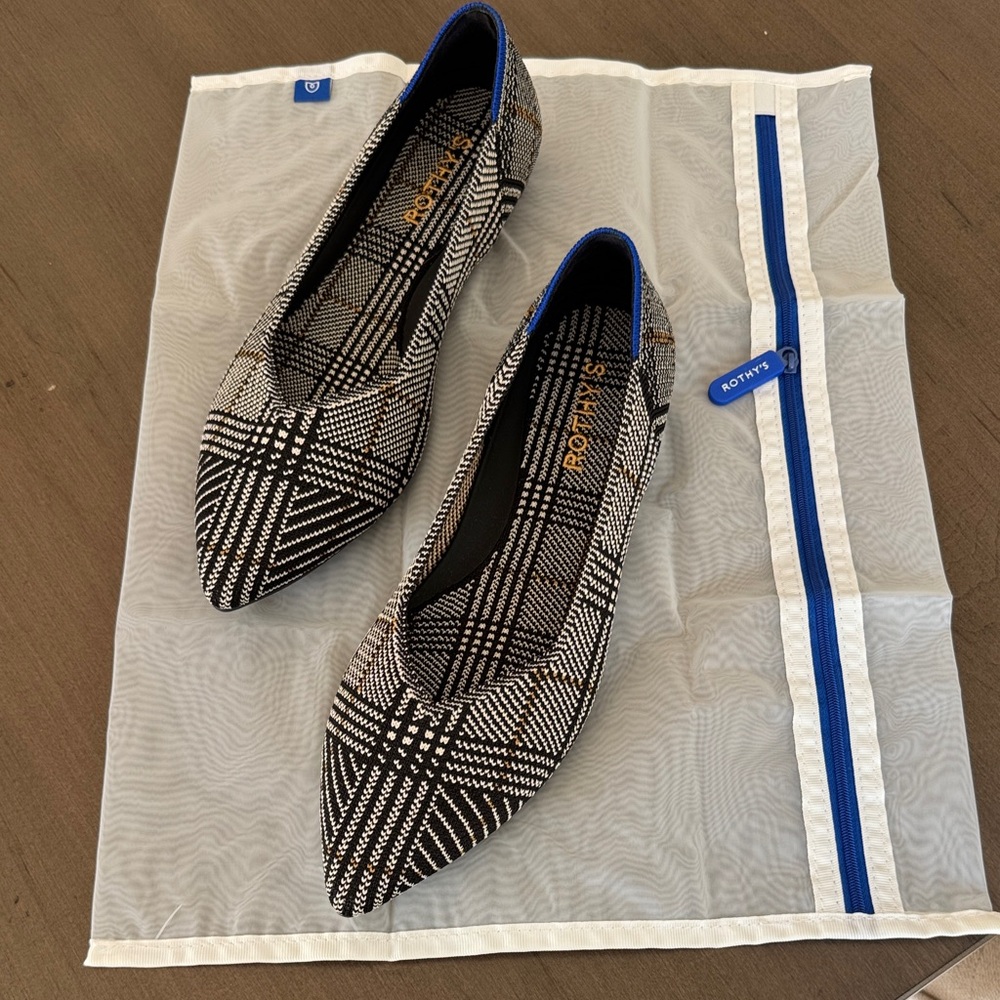 Rothy's Black and White Plaid Pointed-Toe Flats